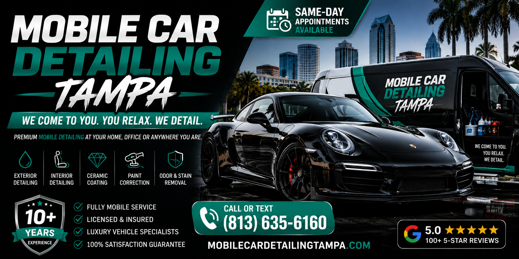 Mobile car detailing Tampa with same-day interior detailing, exterior detailing, ceramic coating, and paint correction services at your home