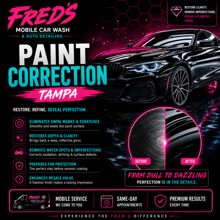 Paint correction Tampa removing swirl marks, light scratches, oxidation, and paint imperfections for a high-gloss finish