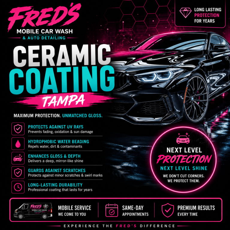 Ceramic coating Tampa providing long-lasting paint protection, hydrophobic shine, UV resistance, and gloss enhancement for vehicles