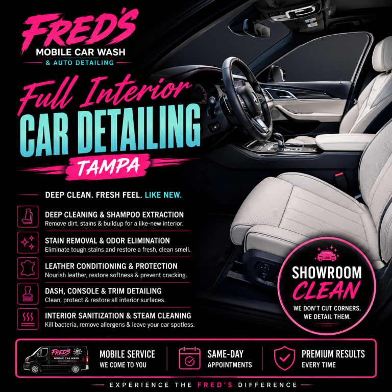 Interior car detailing Tampa with deep seat shampooing, stain removal, steam cleaning, pet hair removal, and odor elimination services